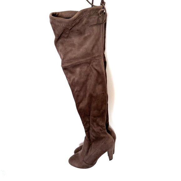 Suede Light Brown Boots Above Knee High with Strings in Back - Picture 3 of 6